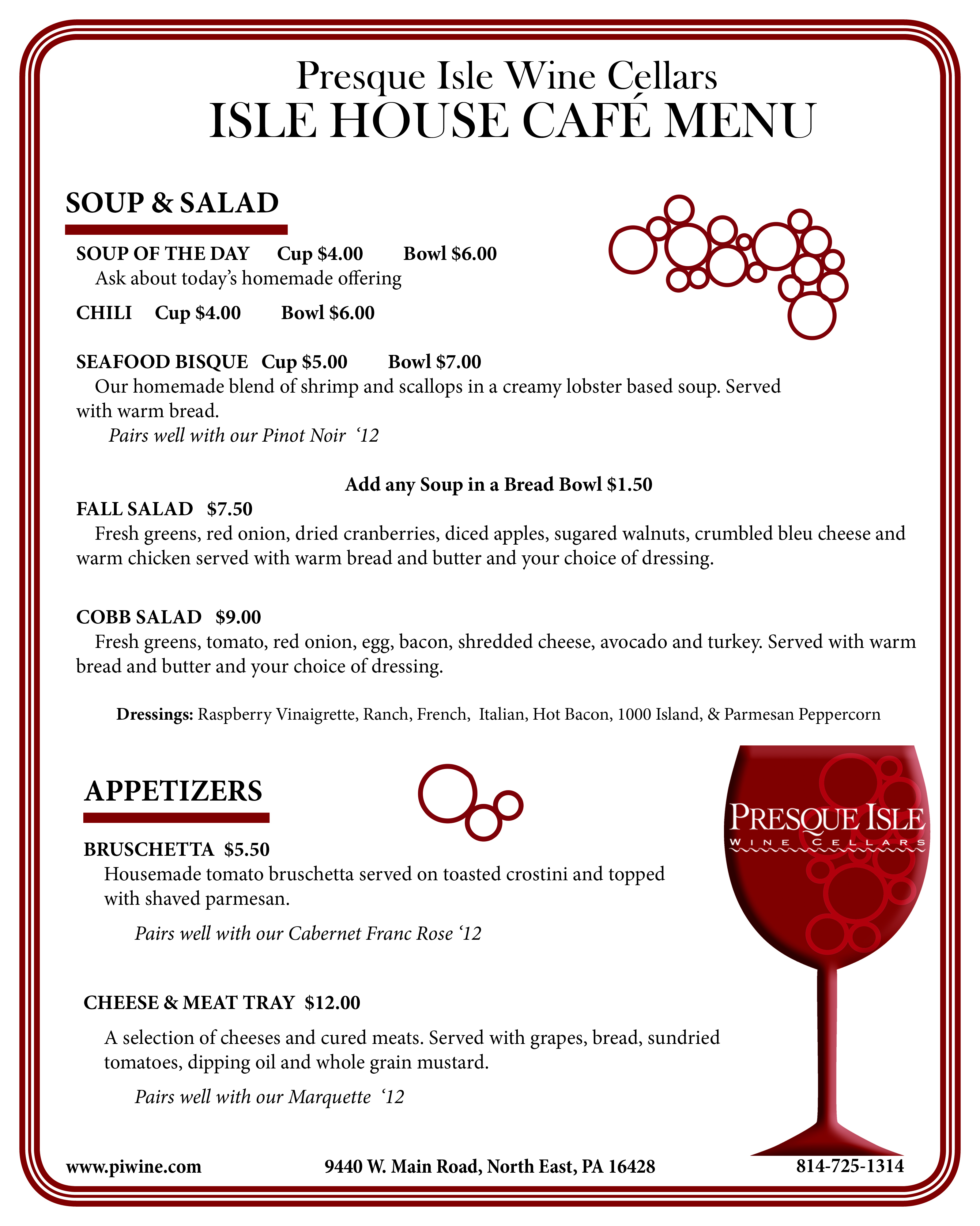 Isle House Cafe Menu | Award Winning Wines from Presque Isle Wine ...